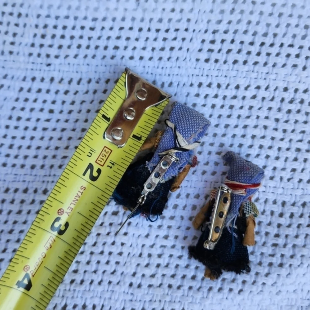 Vintage Handmade Folk Art Doll Pins Textile Brooch Pair Ethnic Boho